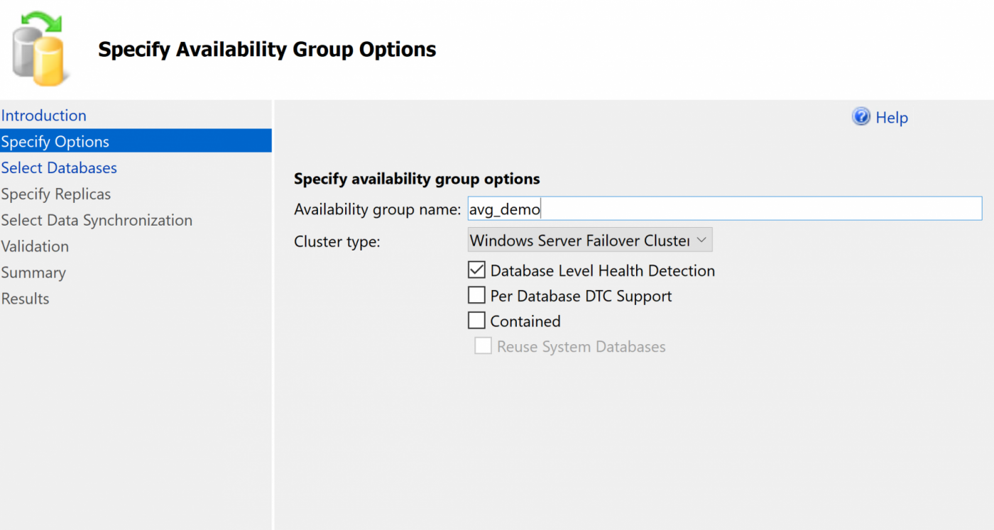 SSMS, Always On, Availability Group Wizard, Specify Options