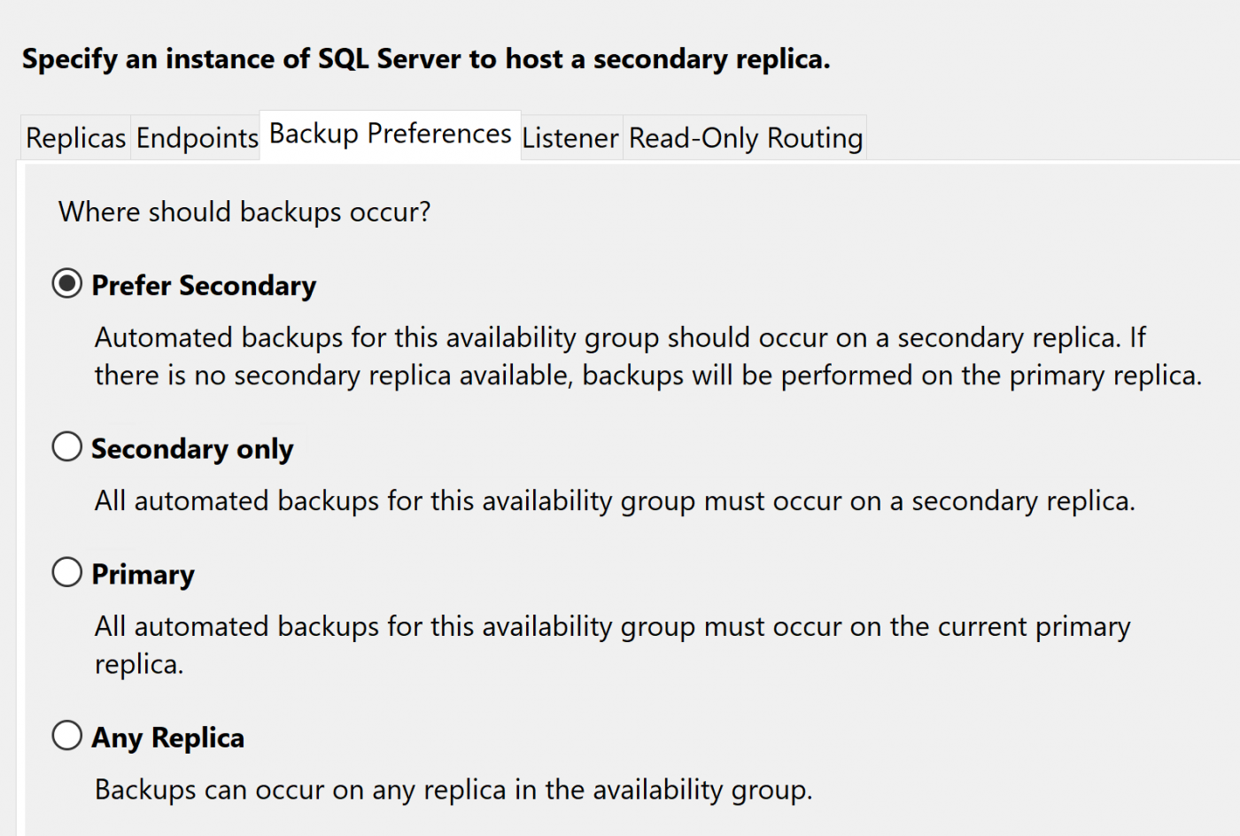 SSMS, Always On, Availability Group Wizard, Backup Preferences