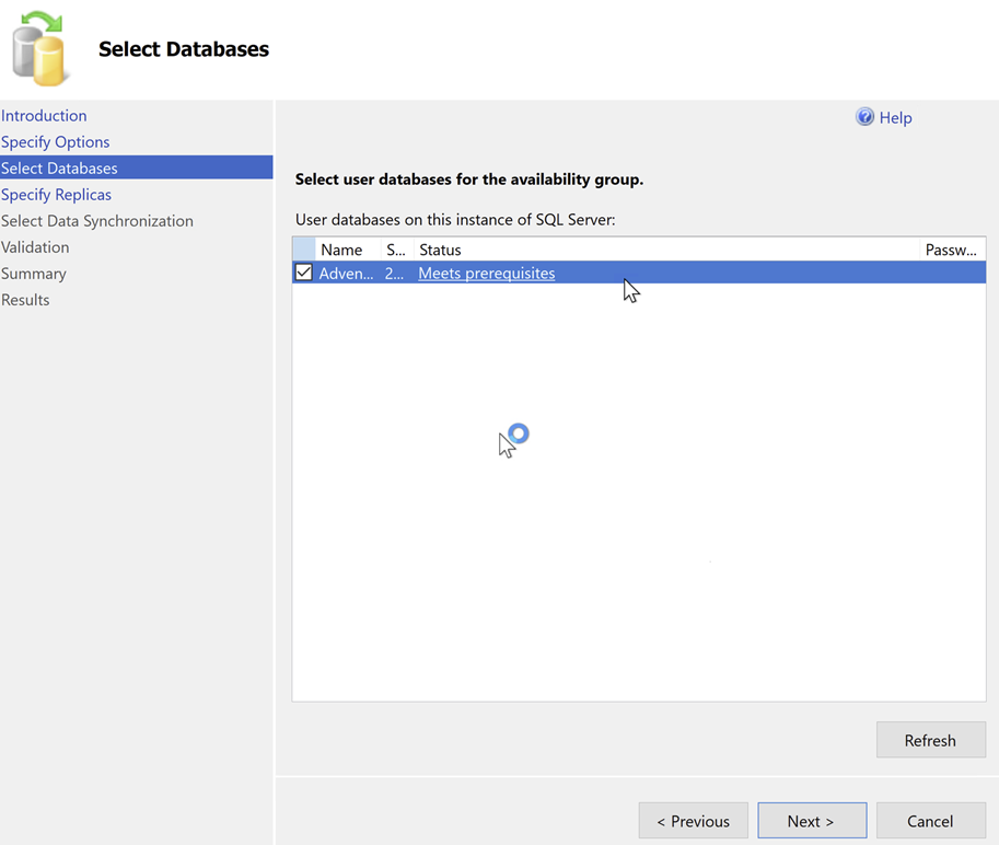 SSMS, Always On, Availability Group Wizard, Database Selection